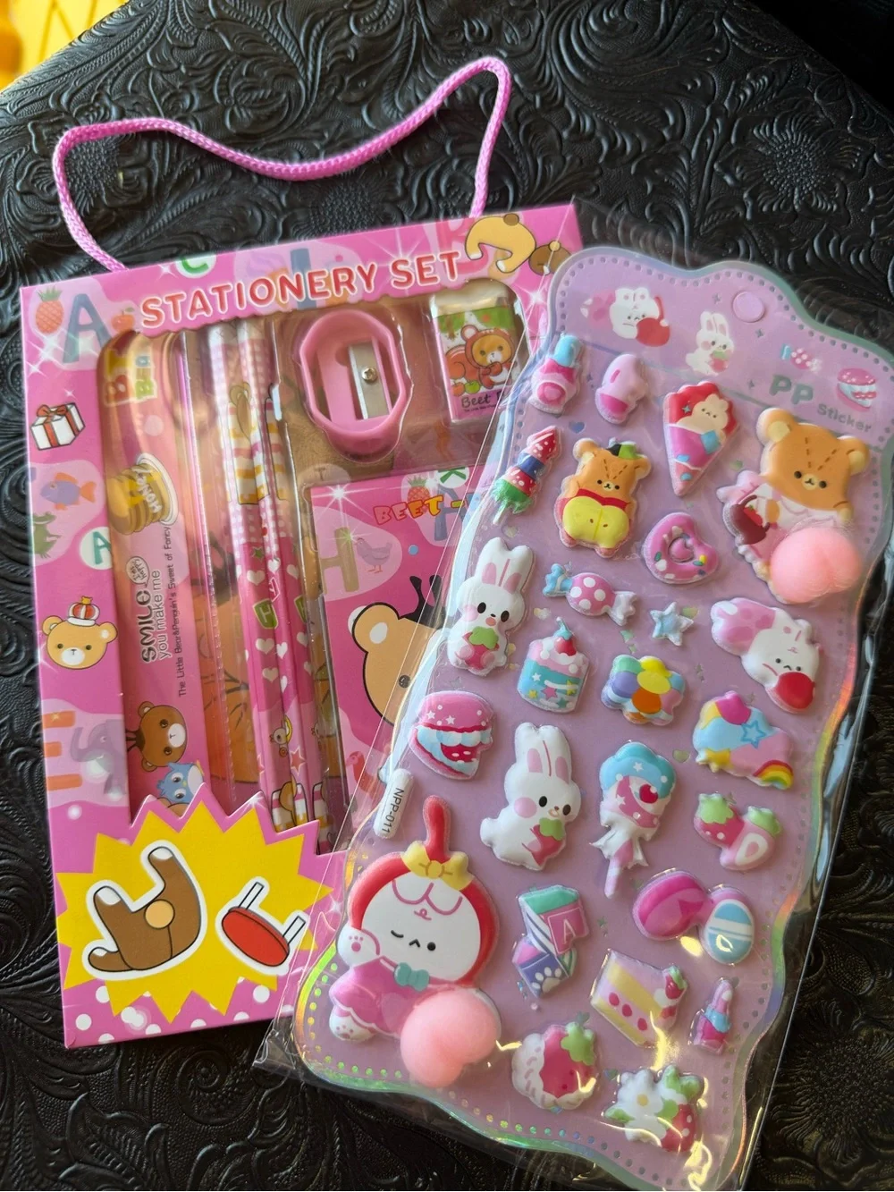 Pink Kids Stationery & Puffy Sticker Set - Cute Animal Design